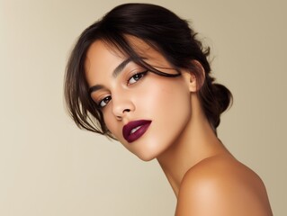 Elegant woman with dark red lipstick and updo hairstyle