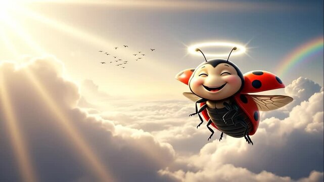 Angel Ladybug in the Sky - A cartoon ladybug with a halo is seen smiling and flying in a sky filled with clouds.