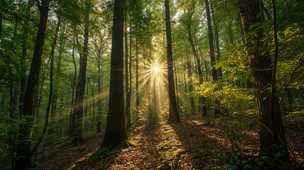 Fototapeta premium AI-generated image of a dense green forest bathed in warm sunlight, creating a peaceful and mystical natural atmosphere.