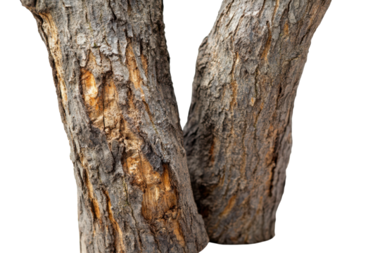 Two tree trunks with rough bark isolated on transparent background