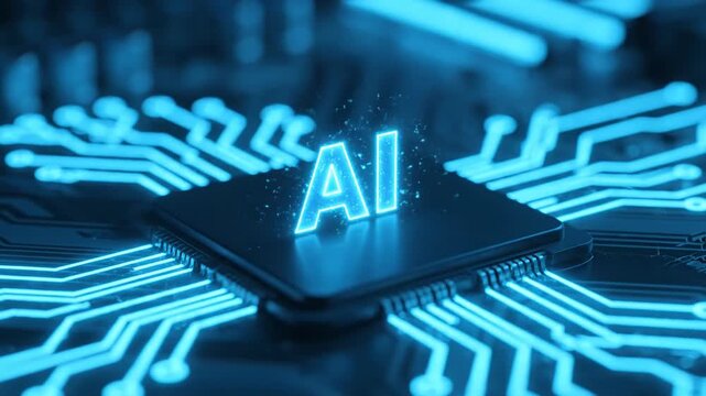 Closeup of a glowing blue ai chip on a circuit board, symbolizing artificial intelligence and advanced technology vector illustration