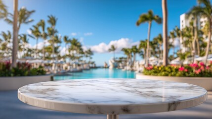 Fototapeta premium Empty round marble table surface overlooking a luxury resort swimming pool with palm trees