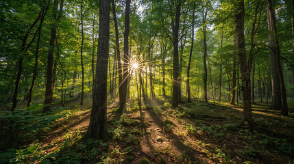 Obraz premium AI-generated image of a dense green forest bathed in warm sunlight, creating a peaceful and mystical natural atmosphere.