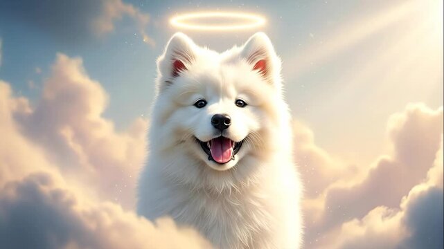 Angelic Samoyed Dog in Heaven - A fluffy white Samoyed dog with a halo floats amongst the clouds, looking down with a happy, open-mouthed smile.