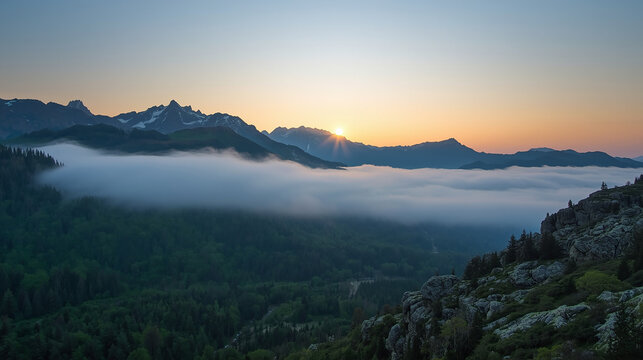 AI-generated breathtaking photo of a majestic mountain range at sunrise, with soft clouds and golden light highlighting the peaks.
