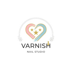 A linear-style vector template featuring a nail studio varnish emblem, a beauty spa, a heart, and stars with varnish