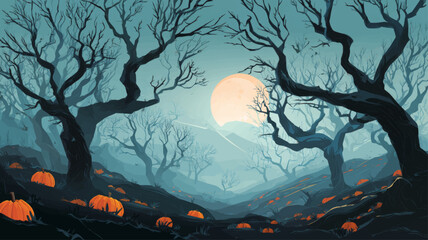 Haunted forest with glowing pumpkins under full moonlight, eerie atmospheric Halloween night scene perfect for dark fantasy design.