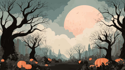 Haunted forest with glowing pumpkins under full moonlight, eerie atmospheric Halloween night scene perfect for dark fantasy design.