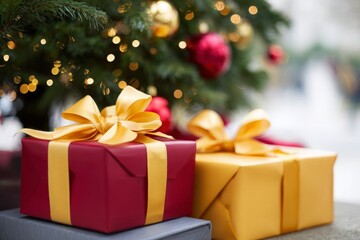 Christmas holiday season presents sit under evergreen tree with sparkling lights and red gold ornaments