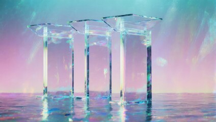 Three transparent pedestals reflecting light in a dreamy setting, creating a sense of clarity and openness