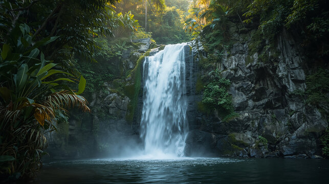 AI-generated serene image of a waterfall cascading through a lush tropical forest, surrounded by green foliage and soft mist.