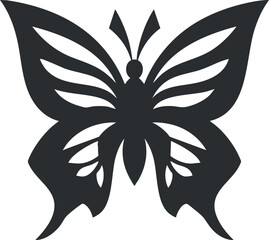 Black silhouette of a butterfly with intricate wing patterns and symmetrical design.