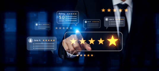 Customer centric review and rating system supports product review, digital rating concept, and customer give good trust by visualizing people choice through stars and feedback content technology Vouch