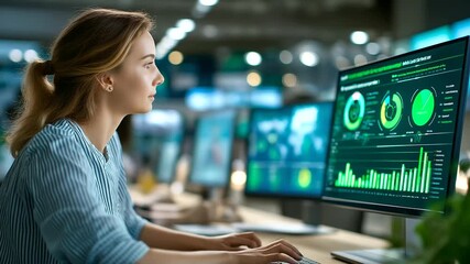 Young Caucasian Female Data Analytics Engineer Using Multiple Monitor Setup With Green Screen Chromakey Templates While Analyzing Supply Chain Performance Metrics. Business Intelli - Powered by Adobe