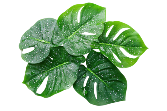 Close up of monstera leaves covered in water droplets view