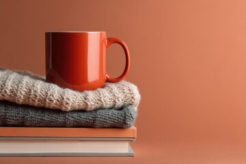 Cozy Studio Shot of Red Mug on Knitted Sweaters and Books