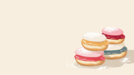 Three colorful sufganiyot donuts topped with powdered sugar, delicious traditional Hanukkah dessert background for festive food presentation design.