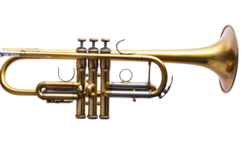 A golden trumpet with silver accents on a transparent background