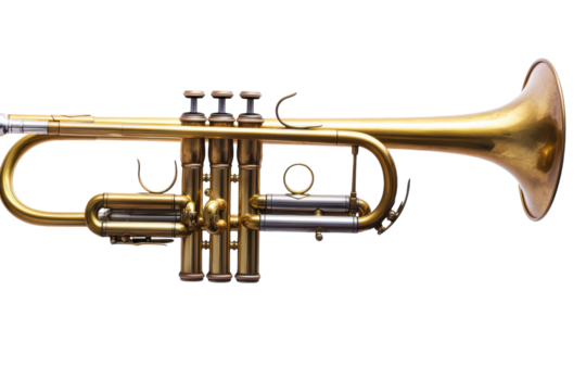 A golden trumpet with silver accents on a transparent background