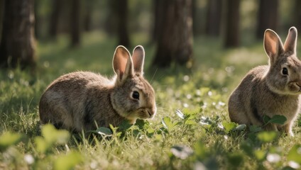 Fototapeta premium Two adorable bunnies in a lush forest glade surrounded by verdant grass and dappled sunlight
