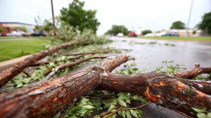 Fallen tree branches and debris blocking a wet road after a severe storm or tornado