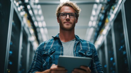Confident IT engineer in a plaid shirt holding a digital tablet in a server data center