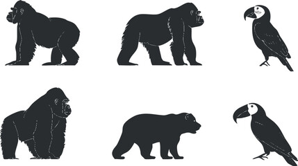 Silhouettes of gorillas, bears, and parrots in black and white, representing wildlife diversity.