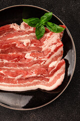 Bacon slice lard with meat slices pieces pork tenderloin portion size natural product tasty snack fresh delicious gourmet food background on the table rustic top view copy space