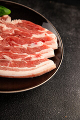 Bacon slice lard with meat slices pieces pork tenderloin portion size natural product tasty snack fresh delicious gourmet food background on the table rustic top view copy space
