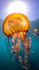 Fototapeta premium Golden jellyfish under sunlit water