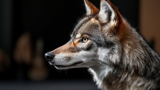 Close-up portrait of a wolf's face. the wolf is facing towards the right side of the image, with its head turned slightly to the left.