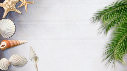 Flat lay beach background with tropical palm leaves and seashells on a white wooden surface. summer vacation, travel, and relaxation concept with copy space for design, banner, or poster use. 