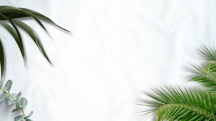 Summer Beach Flat Lay with Palm Leaves and Coconut Leaves on a white Background. beach flat lay objects in summer vacation and summer concept. beach accessories, travel background with summer template