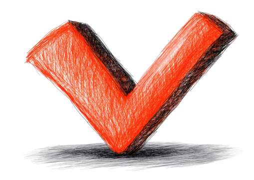 Red checkmark art with sketch lines and black shadow on dark background