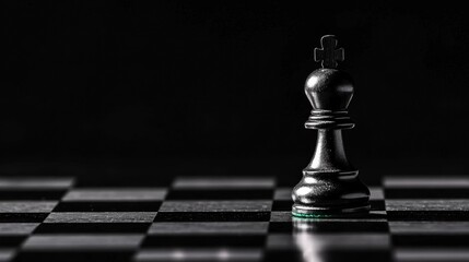 Black and white photograph of a chess piece on a chessboard. the chess piece is made of metal and has a shiny, metallic finish.