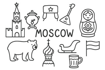Moscow Icon Doodle Set. Moscow doodle icon set: hand drawn icons of Kremlin, samovar, balalaika, fur hat, matryoshka, bear, onion