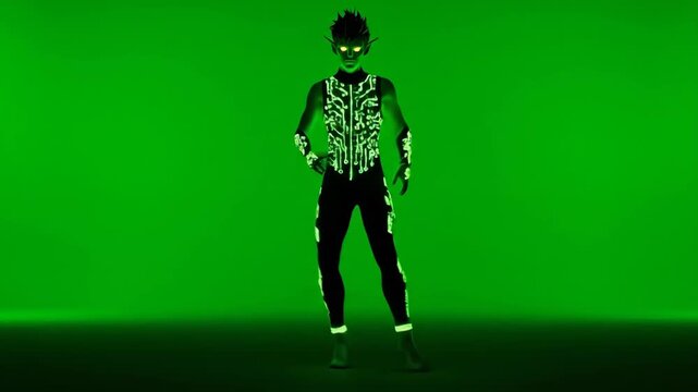 Neon Elf Moonwalking on Green Background - A digitally video neon elf performs a moonwalk against a vibrant green chroma key background. The elf's outfit features glowing circuit board patterns.