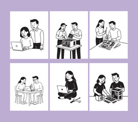 Computer and laptop repair vector set – people assembling, fixing, and working with computer hardware in minimal line art style