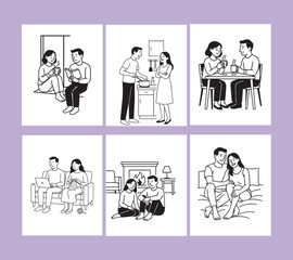 Cozy home couple vector set – people relaxing, cooking, and enjoying warm moments together in minimal line art style