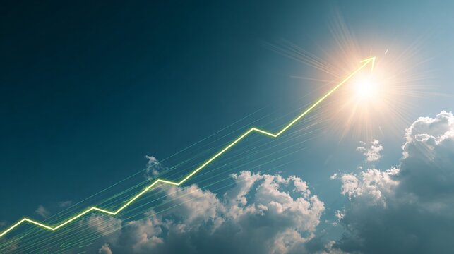 Green arrow pointing upwards against a sky with clouds and bright sunlight.