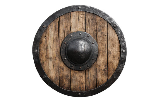 A wooden shield with metal rim and center on transparent ground