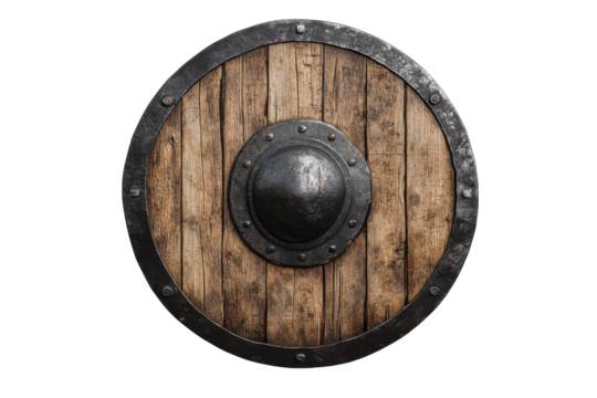 A wooden shield with metal rim and center on transparent ground