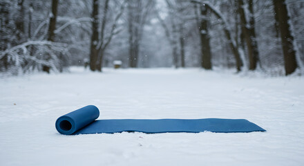 Yoga mat in snow. Peaceful forest trail in winter