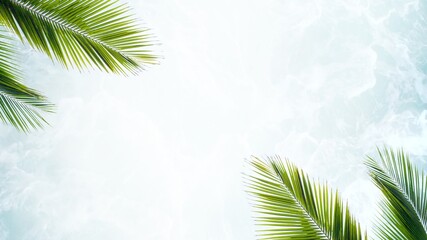 Summer Beach Flat Lay with Palm Leaves and Coconut Leaves on Light Blue Background. beach flat lay objects in summer vacation and summer concept. beach accessories, travel background with summer temp.