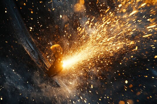 Steel cutting grinder producing intense shower of sparks