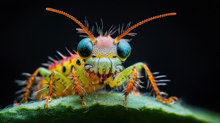 Fototapeta premium Close-up of a colorful insect, specifically a praying mantis, on a green leaf. the insect has a round head with two large, round eyes that are blue and green in color.