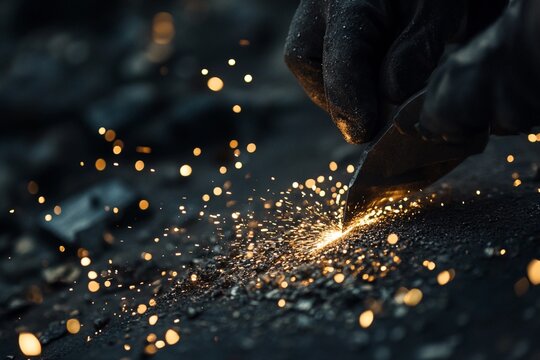 Worker smoothing sharp metal edges with grinding tool