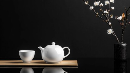 White teapot and a small white cup on a wooden tray. the tray is placed on a black surface with a black background.