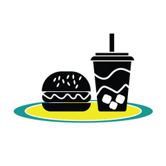 Fast Food Meal Icon Hamburger and Drink with Ice Cubes on a Tray Keywords: fast food, meal, icon, hamburger, burger, drink