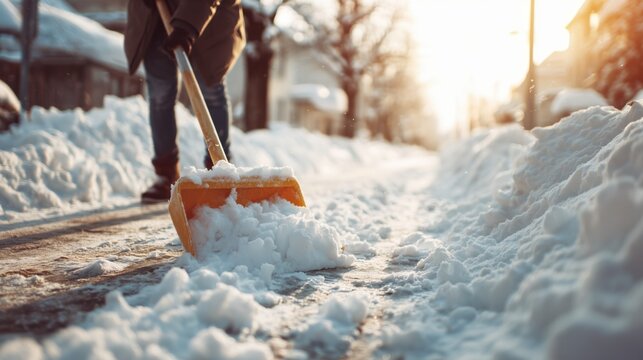 Low angle shot of a person clearing a snowy sidewalk with an orange shovel during a sunny winter morning